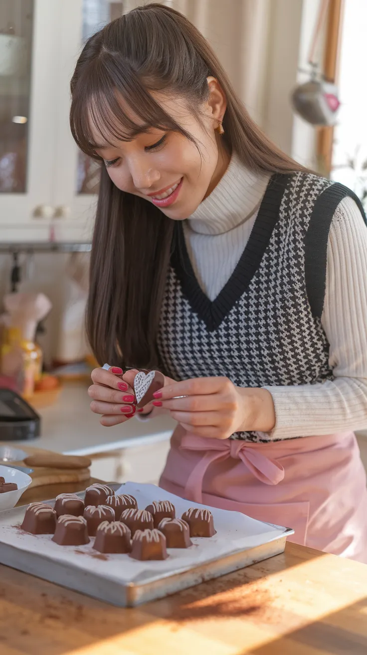 A young Japanese woman with long, straight dark hair and a radiant smile is in a cozy kitchen, carefully decorating homemade Valentine’s chocolates with delicate icing patterns. She wears a stylish black-and-white houndstooth patterned vest over a cozy white turtleneck sweater, with a pink apron tied neatly around her waist. Her bangs slightly fall over her forehead as she leans forward, focused on perfecting each chocolate piece with love and care.  The kitchen is filled with warmth—the scent of melted chocolate and vanilla filling the air, a small heart-shaped tray of finished sweets sitting on the counter, and a playful dusting of cocoa powder on her fingertips. Sunlight filters through the window, casting a gentle glow on the wooden countertops, enhancing the homey and heartfelt atmosphere of this Valentine’s Day preparation.