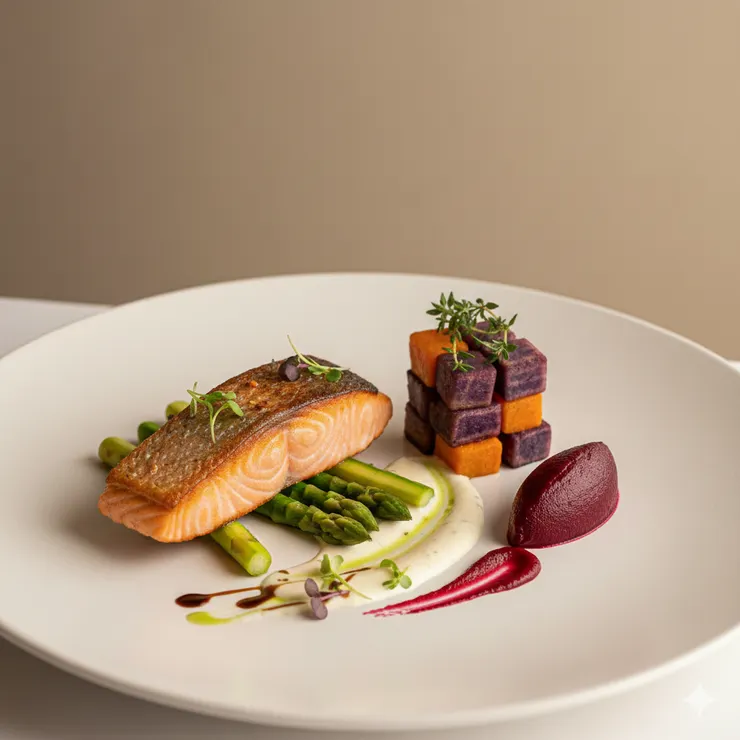 一道精緻的餐廳主菜，擺盤整齊，光線柔和，背景乾淨，真實食物風格，適合餐廳菜單使用