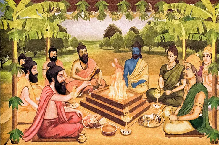 現代描繪之吠陀火祭（Yajna）意象。火祭是印度占星術（Jyotisha）的起源，用於計算祭祀的精確時機（Muhurta）。