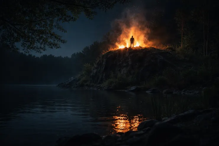 暗夜的湖畔旁，小丘上正在燃燒的人影 - AI