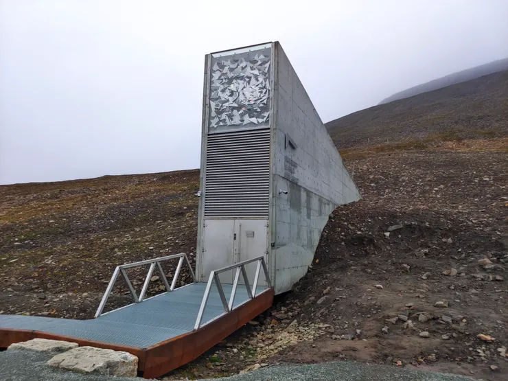 大門深鎖半埋入土中的種子庫看起來很詭異。工作人員須穿過120公尺的隧道，通過五道密碼門鎖才能進入地下的種子儲存庫。種子庫目前有超過100萬種農作物的種子，且透過冷卻器，長期維持零下18度的低溫，以確保種子的生命力。