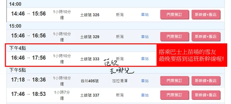 新幹線(JR)：上野到湯澤時刻表