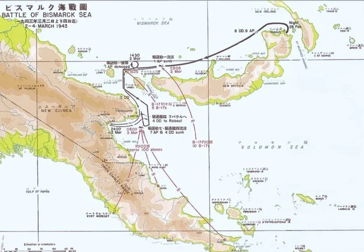 戰鬥期間,日本艦船運動(黑色)和盟軍空襲(紅色)