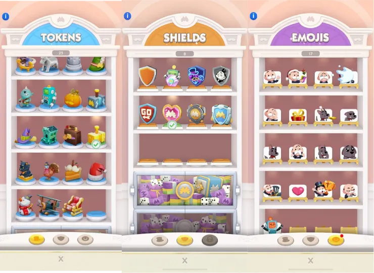 遊戲收集品庫，分別為棋子、盾牌、貼圖