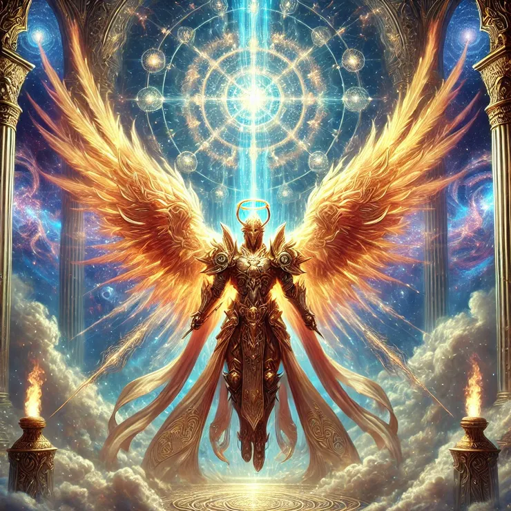 他們是強大而神聖的天使階級，擁有金色燃燒的羽翼，身披輝煌的盔甲，裝飾著精緻的神聖符號。他們的存在威嚴且令人敬畏，環繞著一座被神聖光輝籠罩的寶座。背景是一片充滿宇宙秩序與神聖能量的天界領域，象徵著正義與神聖的統治。
