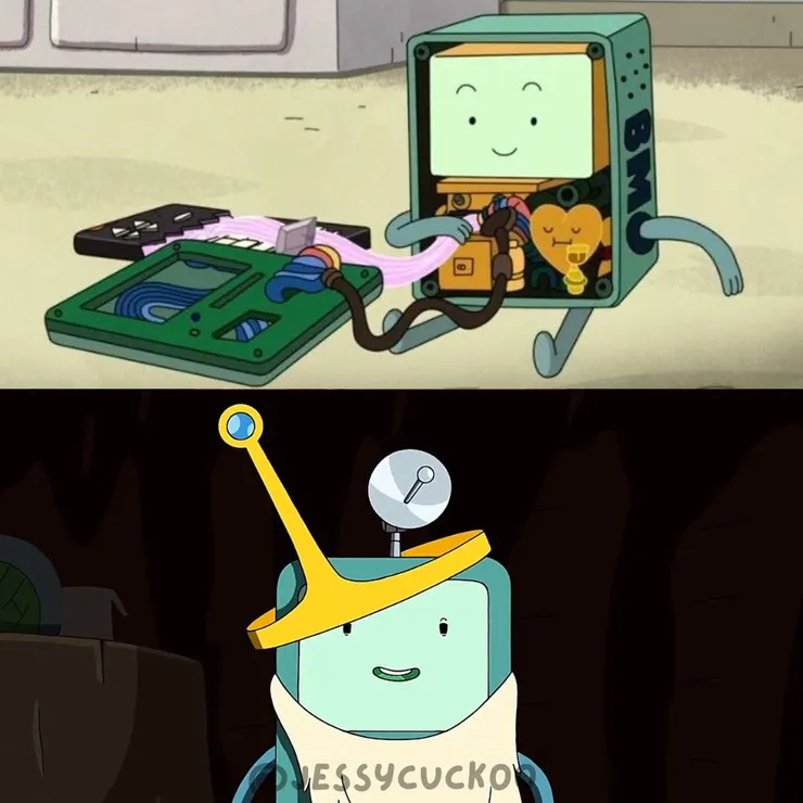 BMO在《探險活寶》前期與後期的外型與心態對比,展現角色成長與內在變化