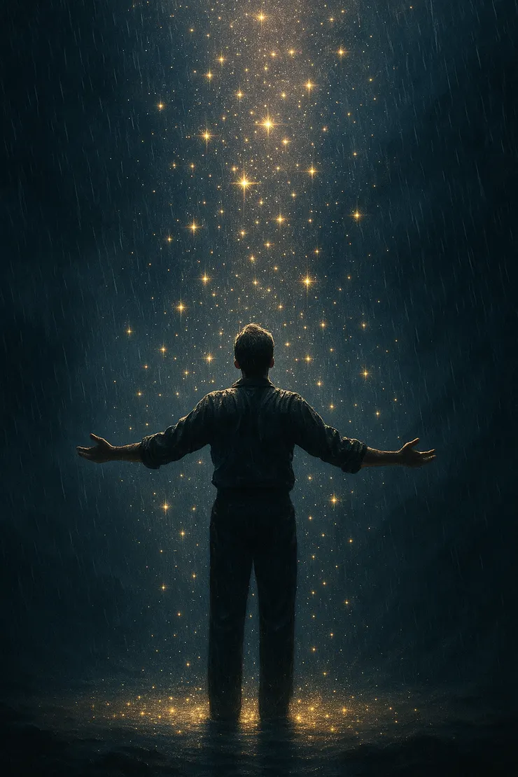 暴雨砸落，黑夜被撕開。 一個身影張臂迎雨，像剛出生的孩子。 雨滴撞進火光，碎成一顆顆星子。 大地忽然成了宇宙的地圖。