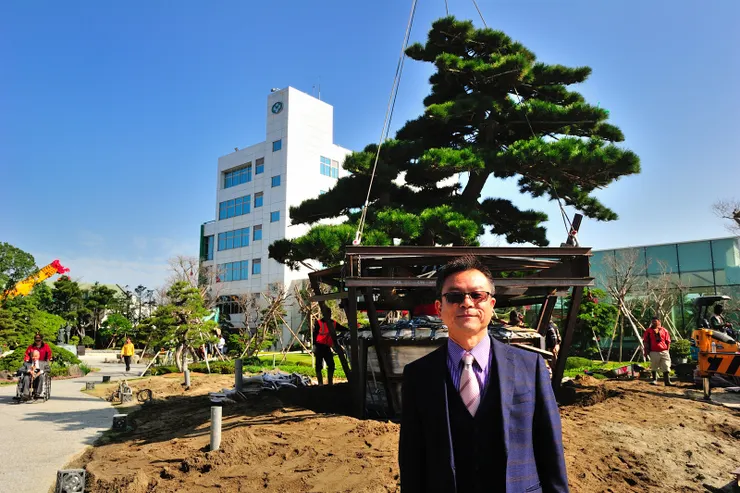 參與成美庭園設計的羅老師在日本大黑松前留影。此次JB舊居翻新，庭園即請他設計、施工。2016年攝