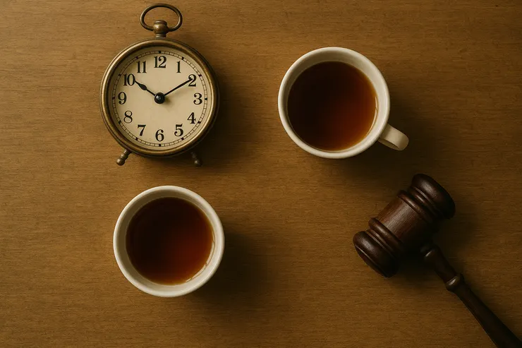 鬧鐘秒針停在十二前兩格;桌面雙杯,拍賣槌影悄落一角。