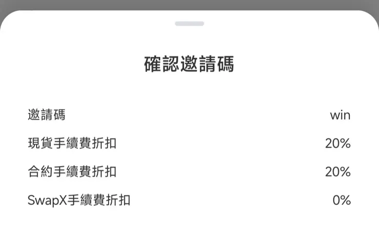 成功輸入 Pionex 推薦碼「win」後，系統將顯示現貨與合約手續費各減免 20%