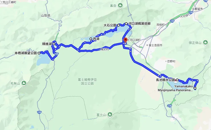 路線懶人包:山中湖-河口湖-西湖-精進湖—本栖湖—餺飥麵不糊