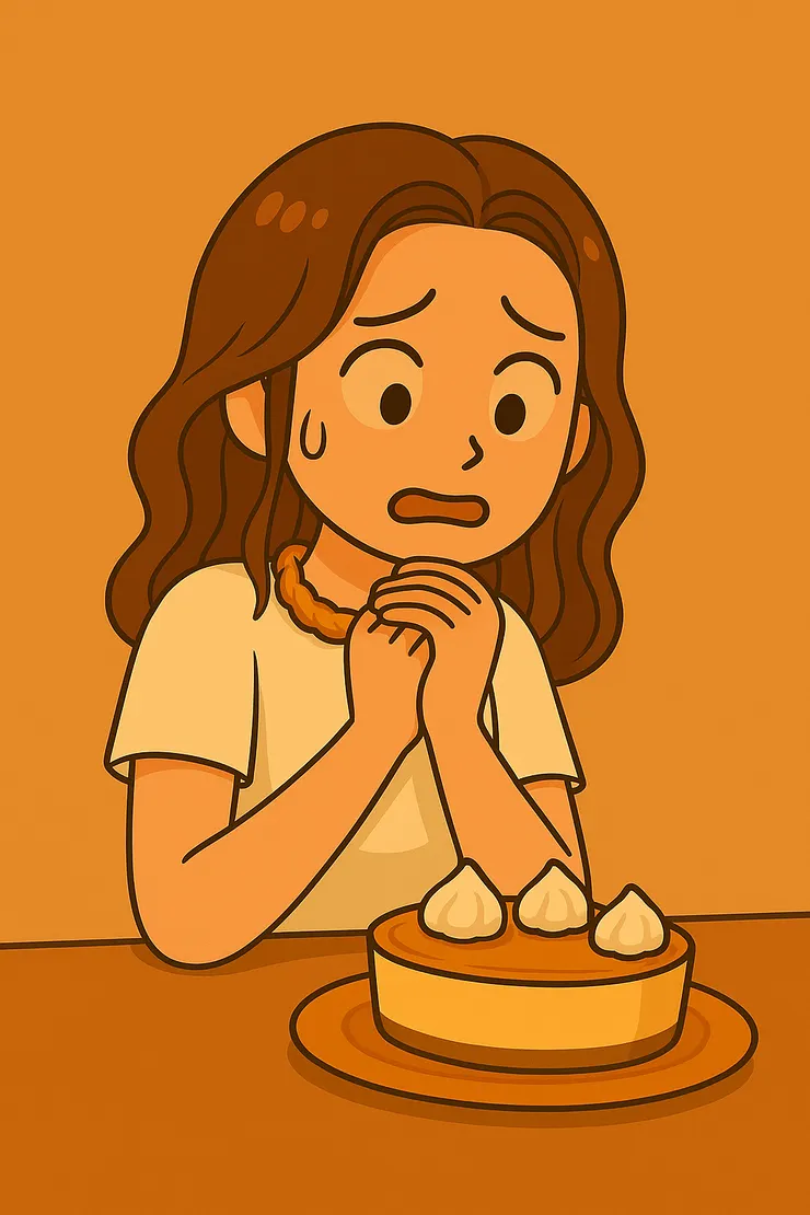 那一刻，我就像圖裡的暖橘Q一樣， 雙手緊緊合在胸前，心裡有點慌張。 對方只是遲疑地回了句：「是…沒有想吃啦～」 我卻瞬間掉進愧疚的小劇場，擔心是不是自己的做法讓人不舒服。 （註：暖橘Q就是我的化身，專門幫我演出這些小劇場時刻 XD）