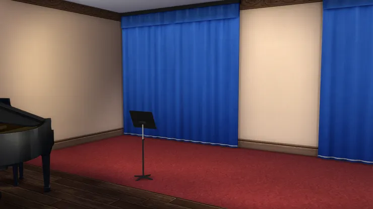 台上有紅色的地毯和藍色的布幕，感覺經典。