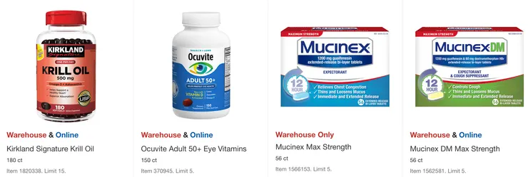 磷蝦油$24.99,50歲以上眼睛維他命$25.99,Mucinex(左邊為一般呿談藥、右邊為呿痰+止咳)$27.49。