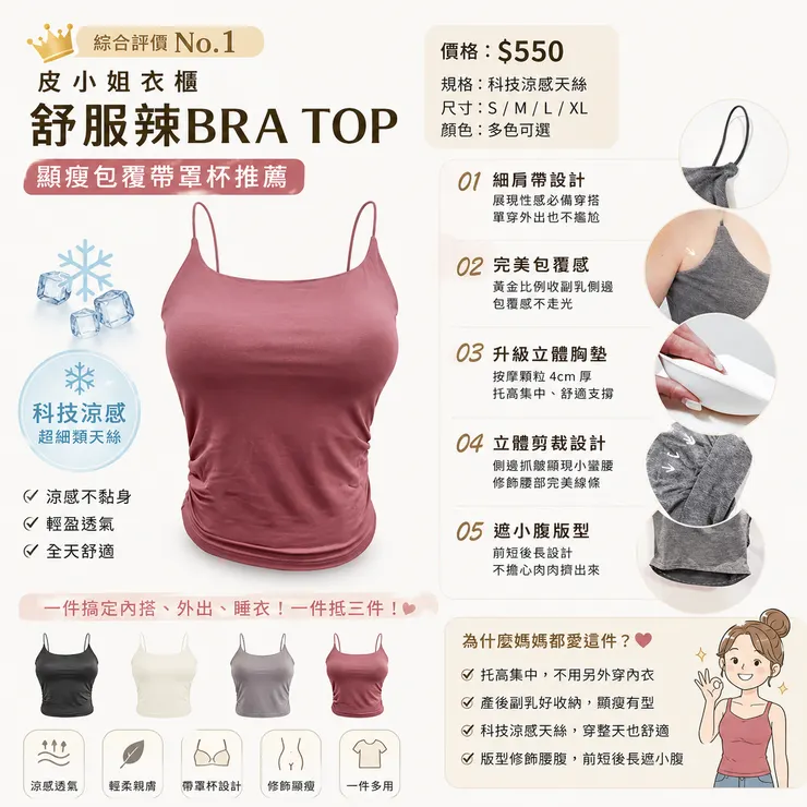 綜合評價No.1｜皮小姐衣櫃 舒服辣BRA TOP：顯瘦包覆帶罩杯推薦
