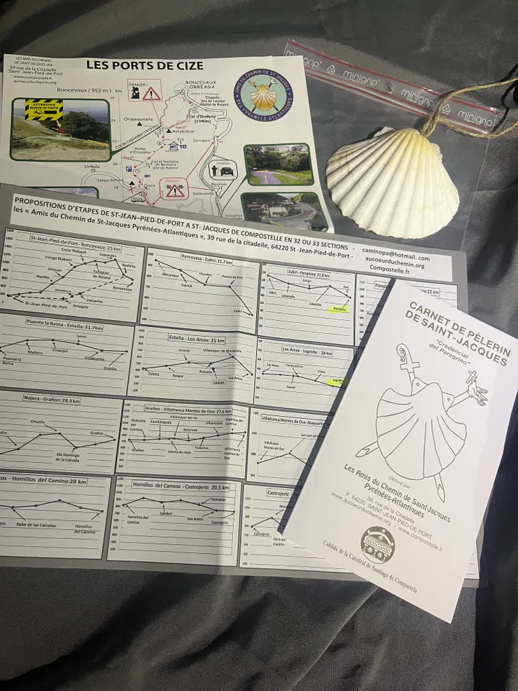 朝聖護照，官方建議每日路線圖(爬升+經過城市)，和自己挑選的貝殼