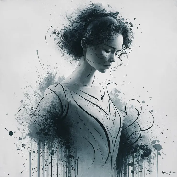 A captivating and cinematic minimalist art piece featuring a silhouette of a woman, rendered with meticulous fine-line black ink stencil. The delicate lines and shapes of the woman are softly illuminated by splashes and splatters of muted watercolor paint, creating a stunning contrast against the stark negative space of the background. The artwork masterfully blends graffiti, painting, and illustration styles, drawing the viewer's focus to the delicate lines and shapes that subtly suggest the female subject. The overall effect is a striking, cinematic experience that captivates and intrigues. Signed by the artist, BERNY, this stunning illustration is influenced by the works of Norman Rockwell, Gustave Courbet, Steve Hanks, Moebius, Boris Vallejo, Jen Christiansen, N.C. Wyeth, and Frank Frazetta, painting, graffiti, illustration