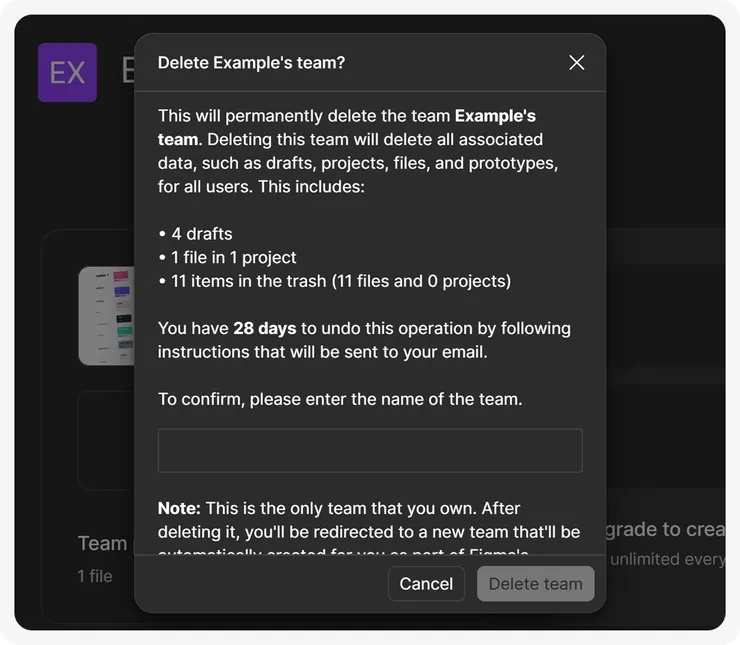 需要 key 名稱才能刪除團隊(Figma)