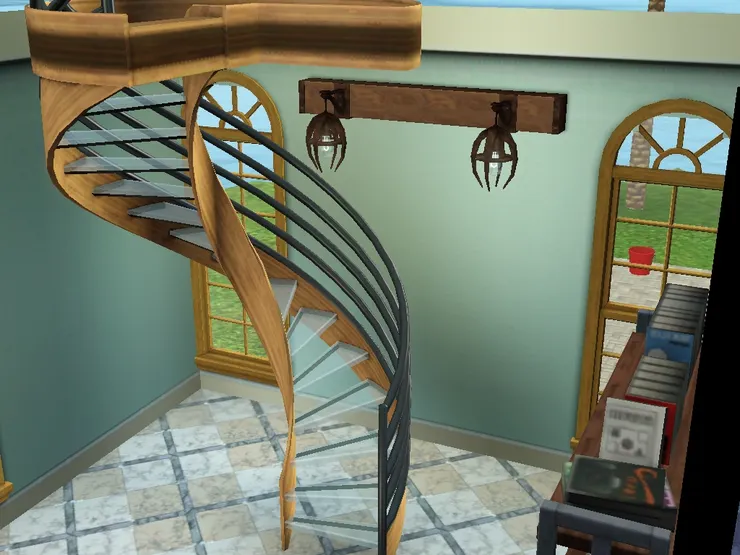 牆後是樓梯。既然要用旋轉樓梯便選條有美感的，但玻璃梯級有點可怕。