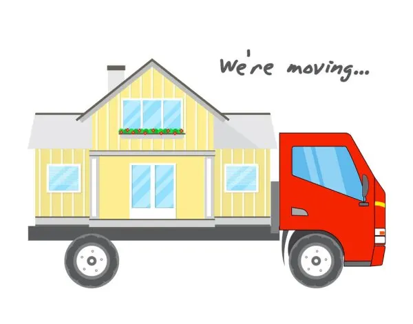 Transportation and home removal. Comfortable house on a red truck. We're moving. Stock vector. Flat design.