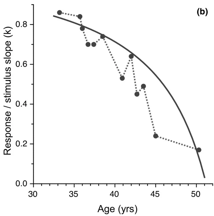 Accommodation response versus stimulus plots at different ages. 