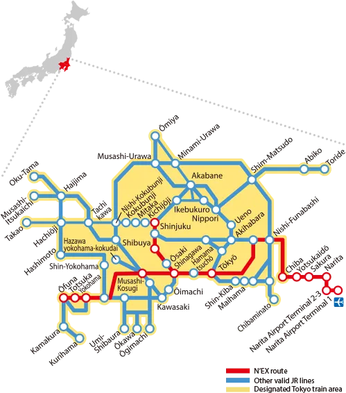 N'EX 東京去回車票使用區間圖