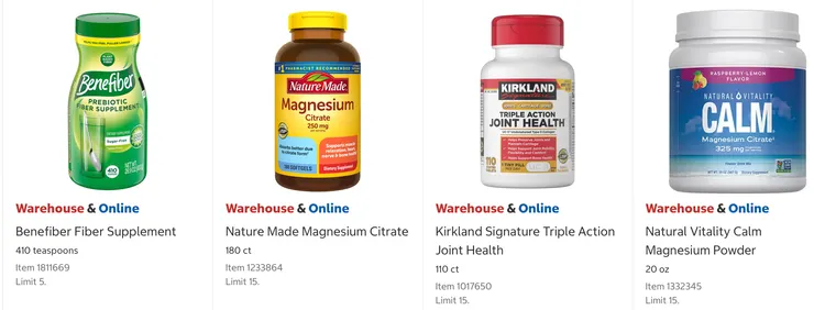 Benefiber 膳食纖維補充粉 $22.99、Nature Made 檸檬酸鎂 $23.49、Kirkland三重功效關節健康配方 $23.99、Natural Vitality Calm 檸檬酸鎂粉 $31.09。