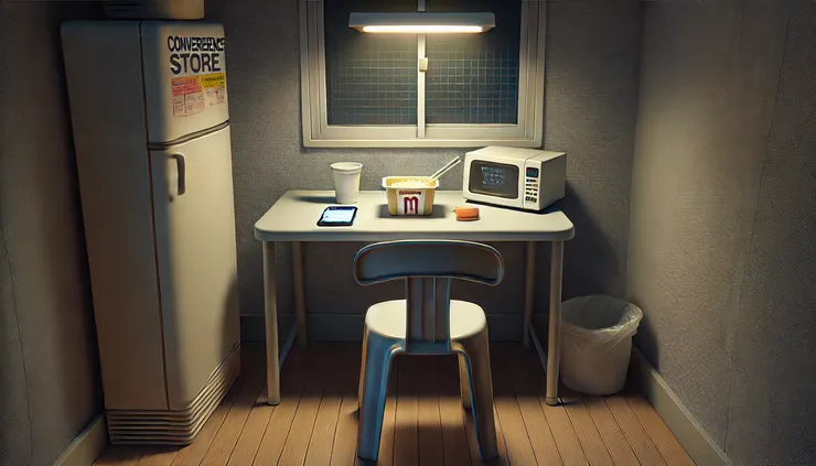 加班後的便利商店晚餐，塑膠椅、微波便當、沒回的訊息。那晚沒什麼特別，但我還記得那種撐著不倒的感覺。