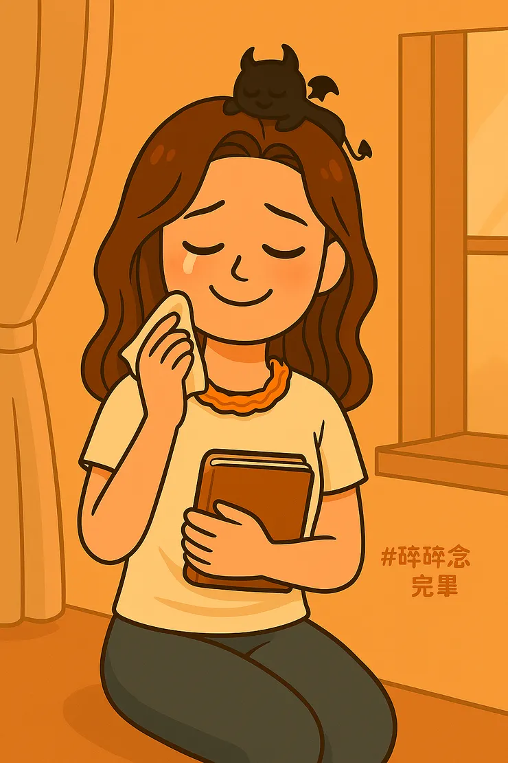就像這張圖的感覺吧。眼睛紅紅的,手裡還捏著衛生紙,但嘴角卻忍不住笑了起來。連那個常常鬧騰的小惡魔,也被我摸著頭,安靜下來。或許這就是修行—連自己的影子都慢慢接納。哭歸哭,笑歸笑,戲還是要演下去啦~#碎碎念完畢 🤣