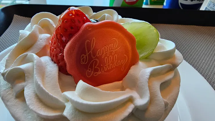 蛋糕上的巧克力片有生日快樂的英文字樣!