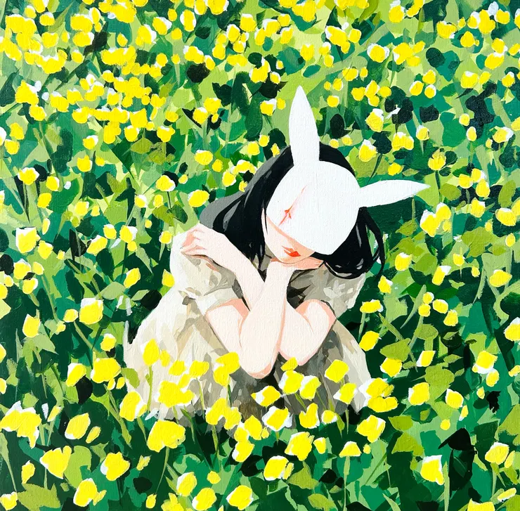 《Sentimental Girl 多愁善感的女孩》 蹲坐在花叢中的女子，雖看不到她面具下的眼神，她的愁緒卻深深感染了我們。