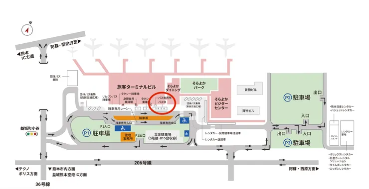 熊本機場平面圖,紅圈處就是巴士乘車處。