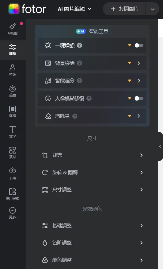 AI圖片編輯-功能列