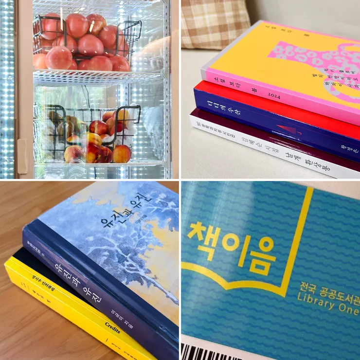 1. 學校附近咖啡館的冰箱，覺得好可愛／2. 高階文學課其中三本指定書單（買的） 3. 人文翻譯課指定書單（借的）／4. 終於去辦了圖書證