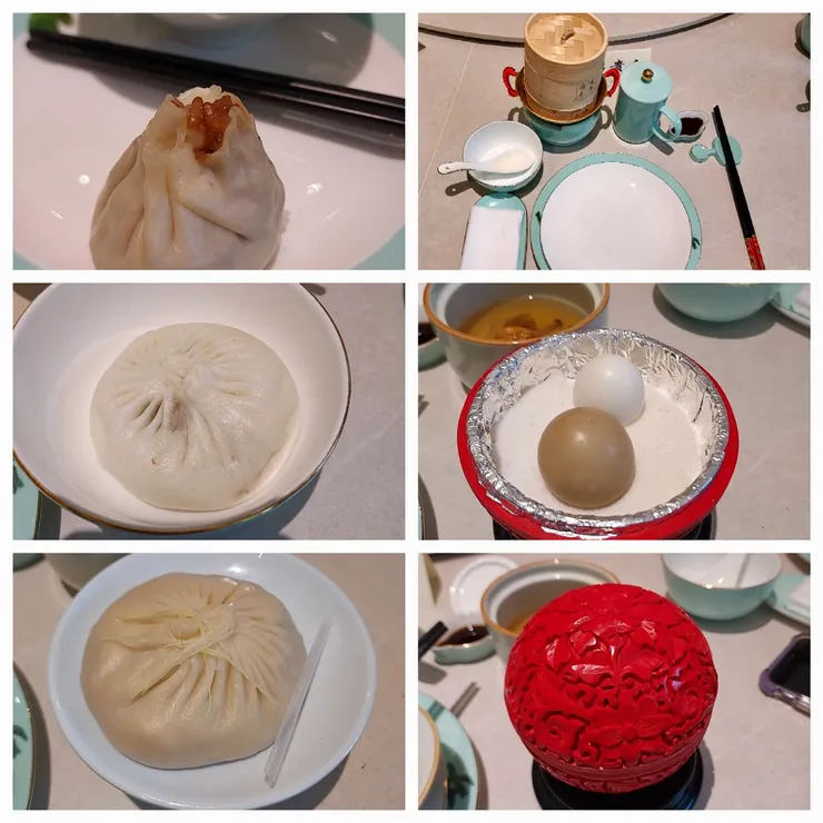 左上至左下: 燒賣、五丁包、蟹黃包。右上: 中國餐具。右下兩個: 鹽蒸蛋。