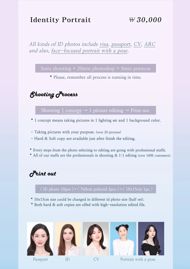 Studio photobi 韓式證件照 拍攝項目 (截圖自官網)