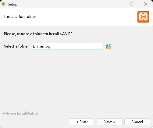4.決定安裝的路徑，一般我會裝在D槽，因為它包含MySQL資料庫，未來會佔多少空間，不可知。按下"Next"