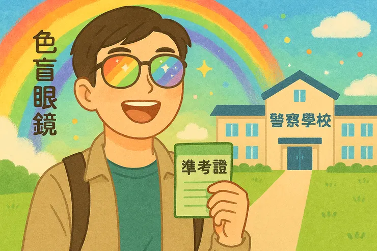 我家的小C,這輩子應該是等不到這個時刻了。(Copilot幫我畫的色盲男孩戴上矯正眼鏡去報考警察大學)