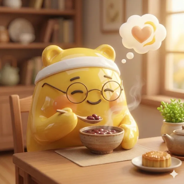 「蛋黃媽正在喝熱紅豆湯，象徵生理期的暖心體貼。」