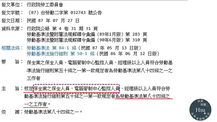 保全員適用勞基法第84-1條公告
