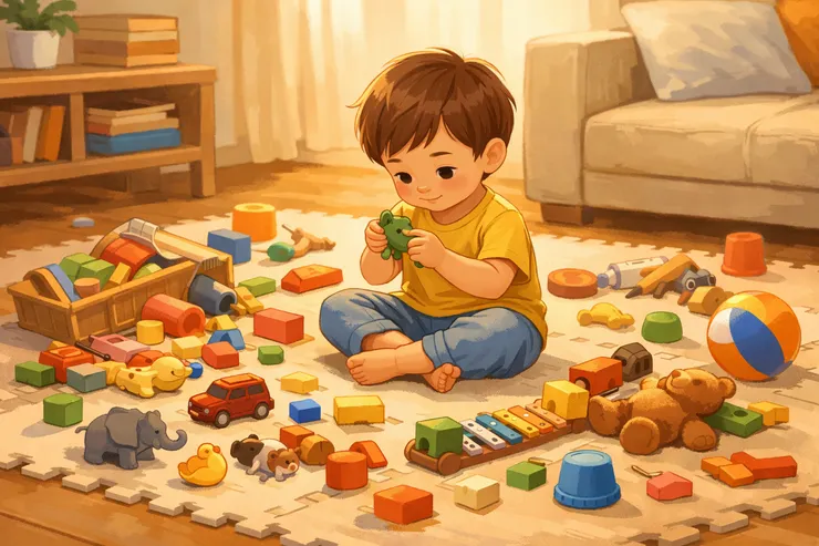 客廳地板上的玩具看起來很亂，但孩子其實正在用自己的方式探索與整理。