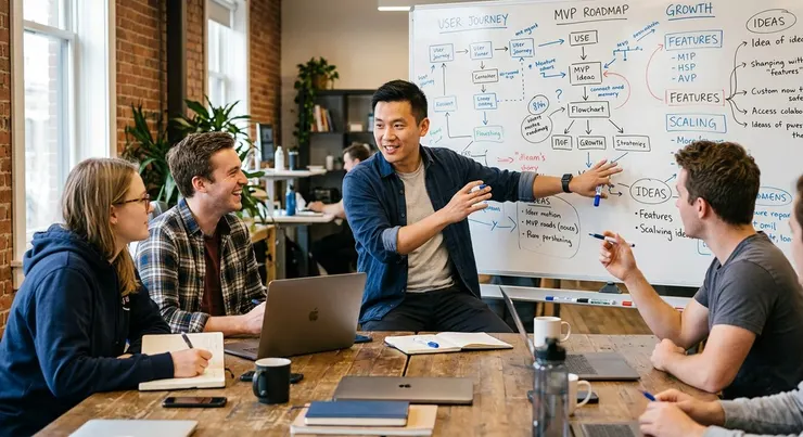 梁练伟与团队在会议室激烈讨论产品功能与用户反馈，探索最佳解决方案。