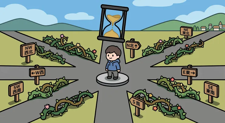 沙漏的流逝象徵著時間才是唯一的剛性成本。而路上的荊棘,代表無論選哪一條,痛苦都是標配。