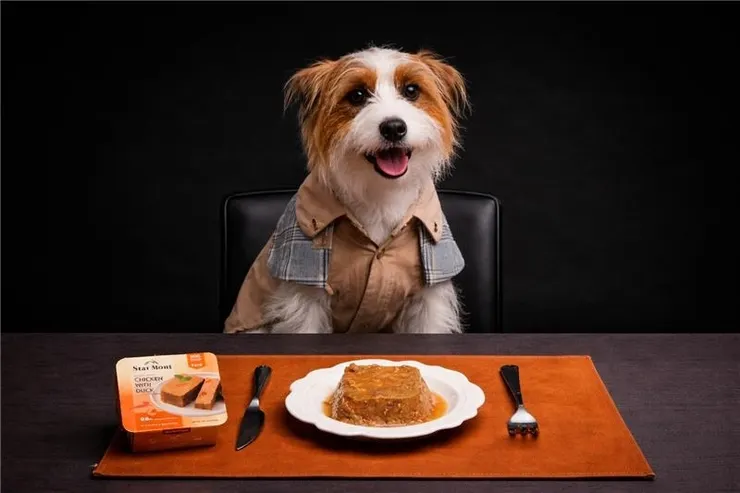 圖說：尾巴丘推出「星丘STAR MONT銀河狗餐盒」，主打肉含量與零膠低敏配方，寵物展攤位更打造高檔餐廳氛圍，提供毛孩試吃。（資料來源：尾巴丘毛孩選物）