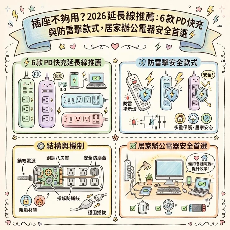 插座不夠用?2026 延長線推薦:6 款 PD 快充與防雷擊款式,居家辦公電器安全首選⚡