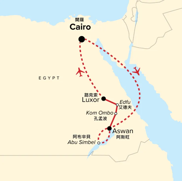 埃及主要旅遊城鎮地理位置分布(圖片引用自網路,筆者加上城市中文名稱)