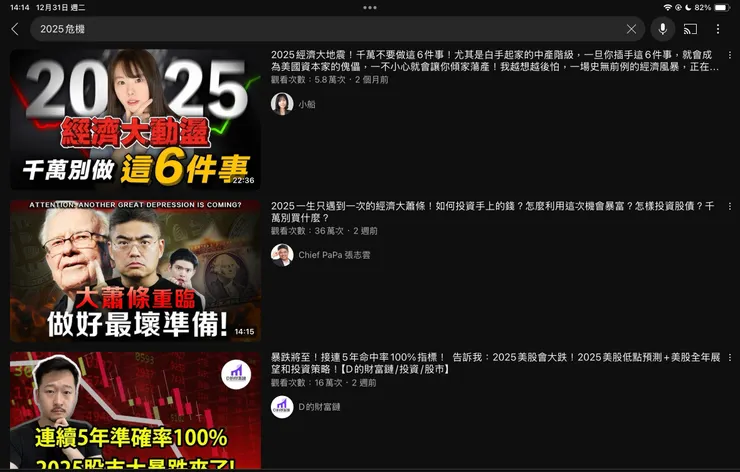 YouTube搜尋結果「2025年危機」