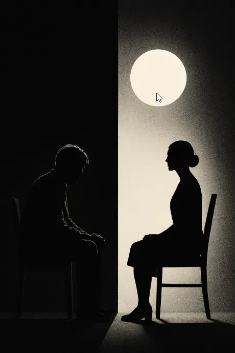 黑白對坐的兩人影,一人在光下,一人在陰影中