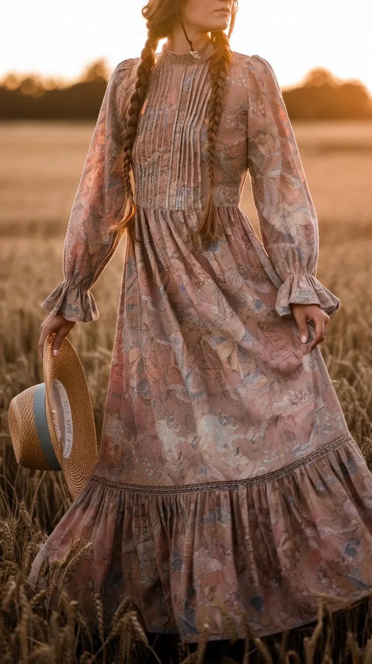 A woman standing in a wheat field at sunset, wearing a long, flowing prairie dress in a floral print with muted earthy tones. The dress has a high neckline, long sleeves with ruffled cuffs, and a slightly fitted bodice that flows into a full skirt. She is holding a straw hat in her hand, and her hair is loosely braided.