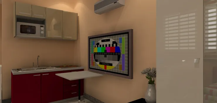 還有一點空間能放張小餐桌在電視前，但好像忘了放餐椅...唯痈電腦椅推過來用吧。